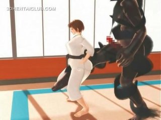 Hentai karate jong vrouw kokhalzen op een massief penis in 3d